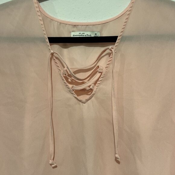 Abercrombie & Fitch Pink Lace Up Neck Long Bell Sleeve Top Womens Medium Sheer - Picture 4 of 12